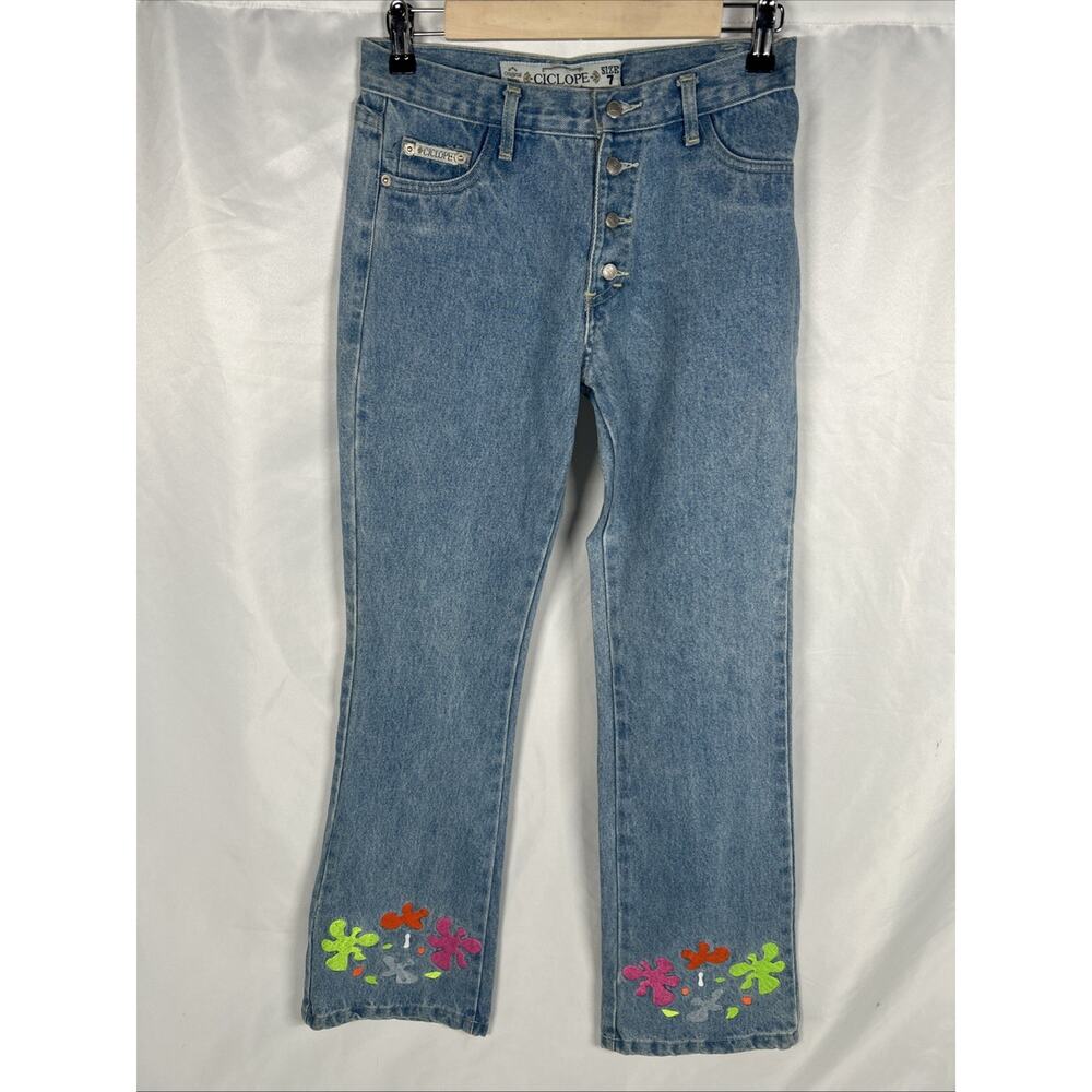 Vintage 90’s Cyclope Embroidered Splat Jeans Size 7 30”x 32” Button Fly Unique